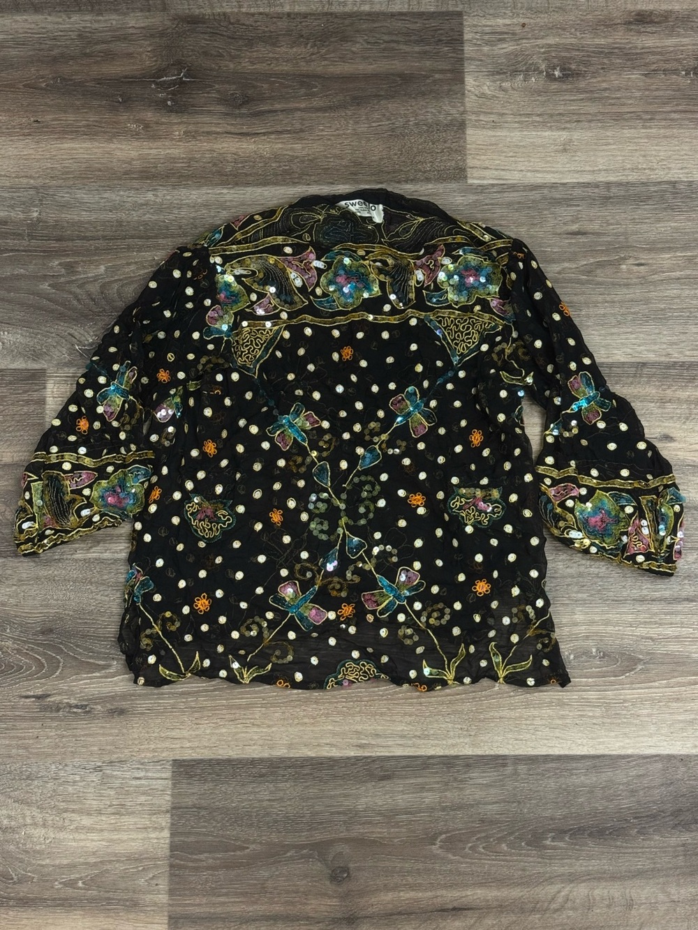 Swee Lo Semi Sheer Silk Vintage Sequin Dragonfly Top Women’s Small